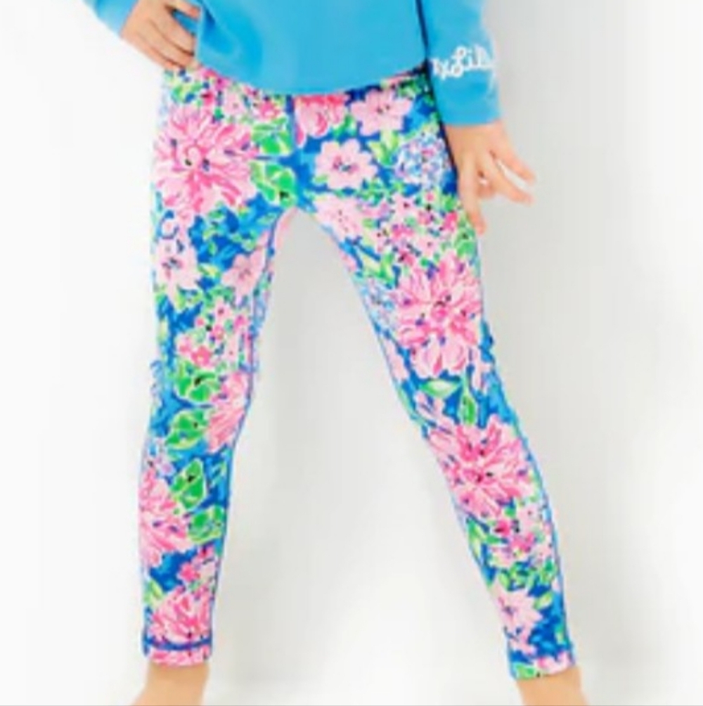 Lilly Pulitzer Lil Soiree All Day Pink Blue Floral Leggings Kid's Size 8
